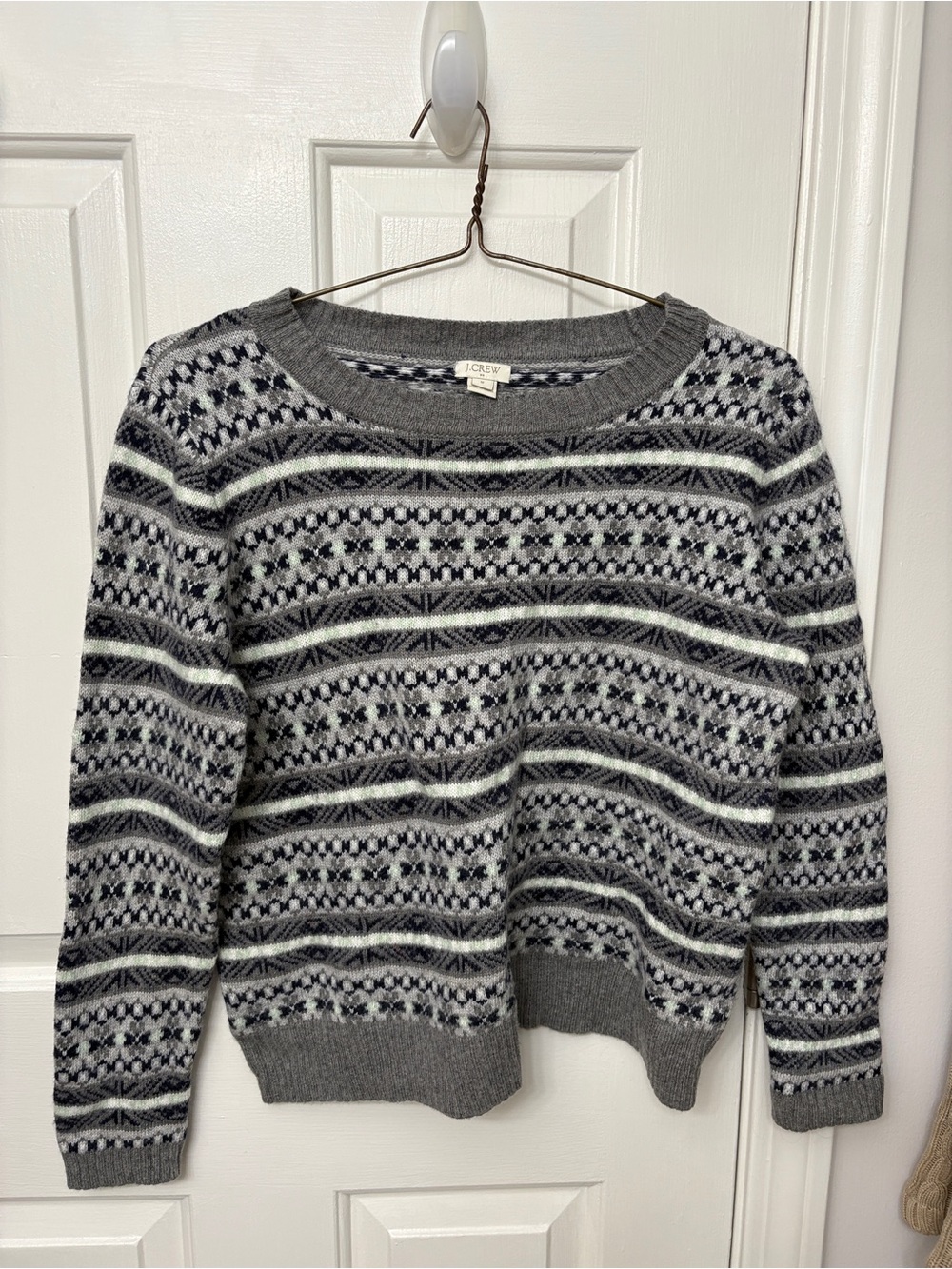 J. Crew Gray and White Fair Isle Crewneck Sweater